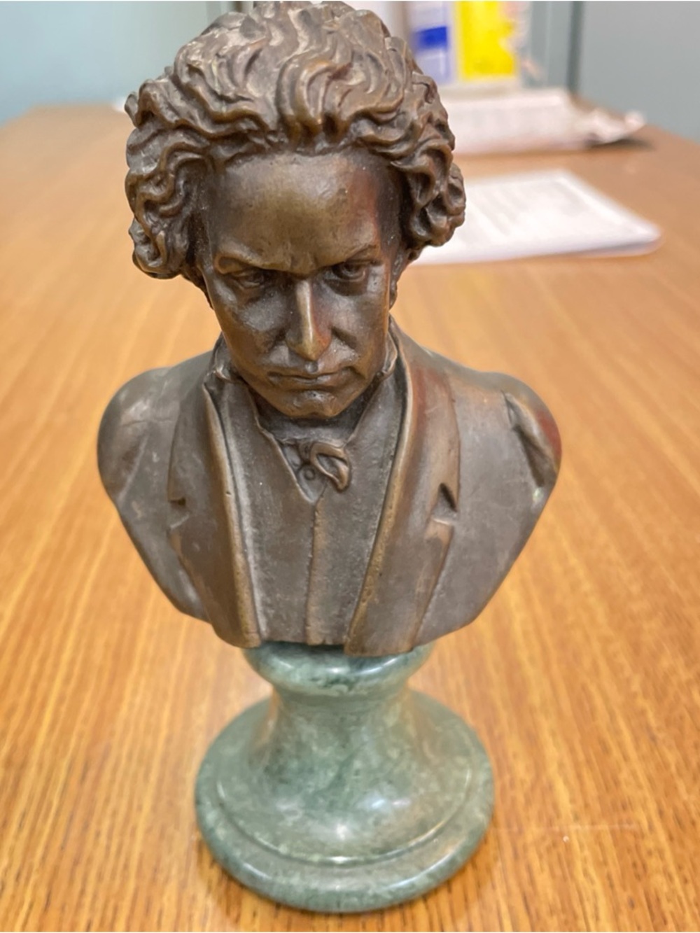 Classical Vintage Beethoven Bronze Bust Sculpture With Marble Base